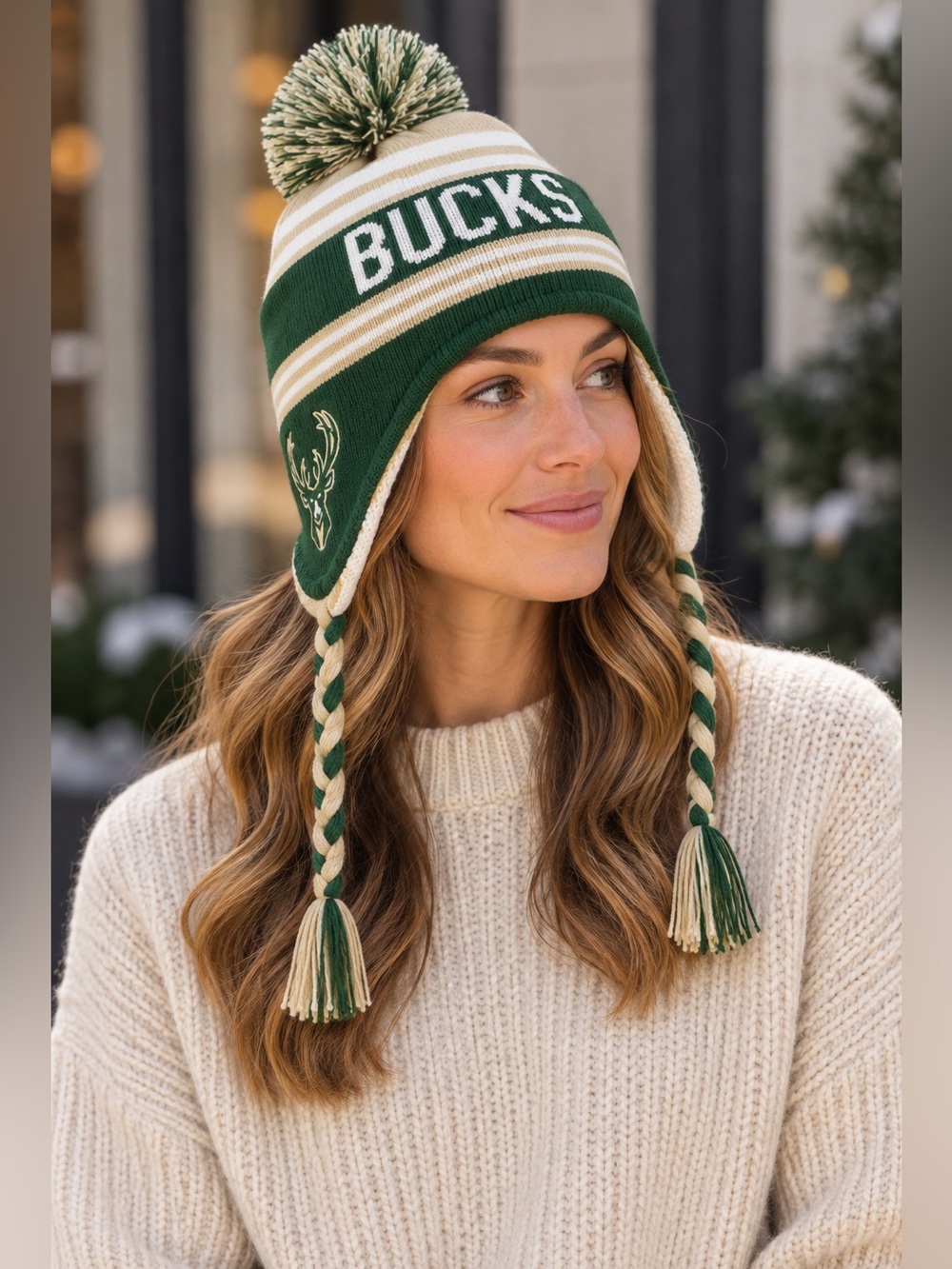 Milwaukee Bucks Earflap Pom Beanie Hat Green Cream Braided Tassels Fox Sports